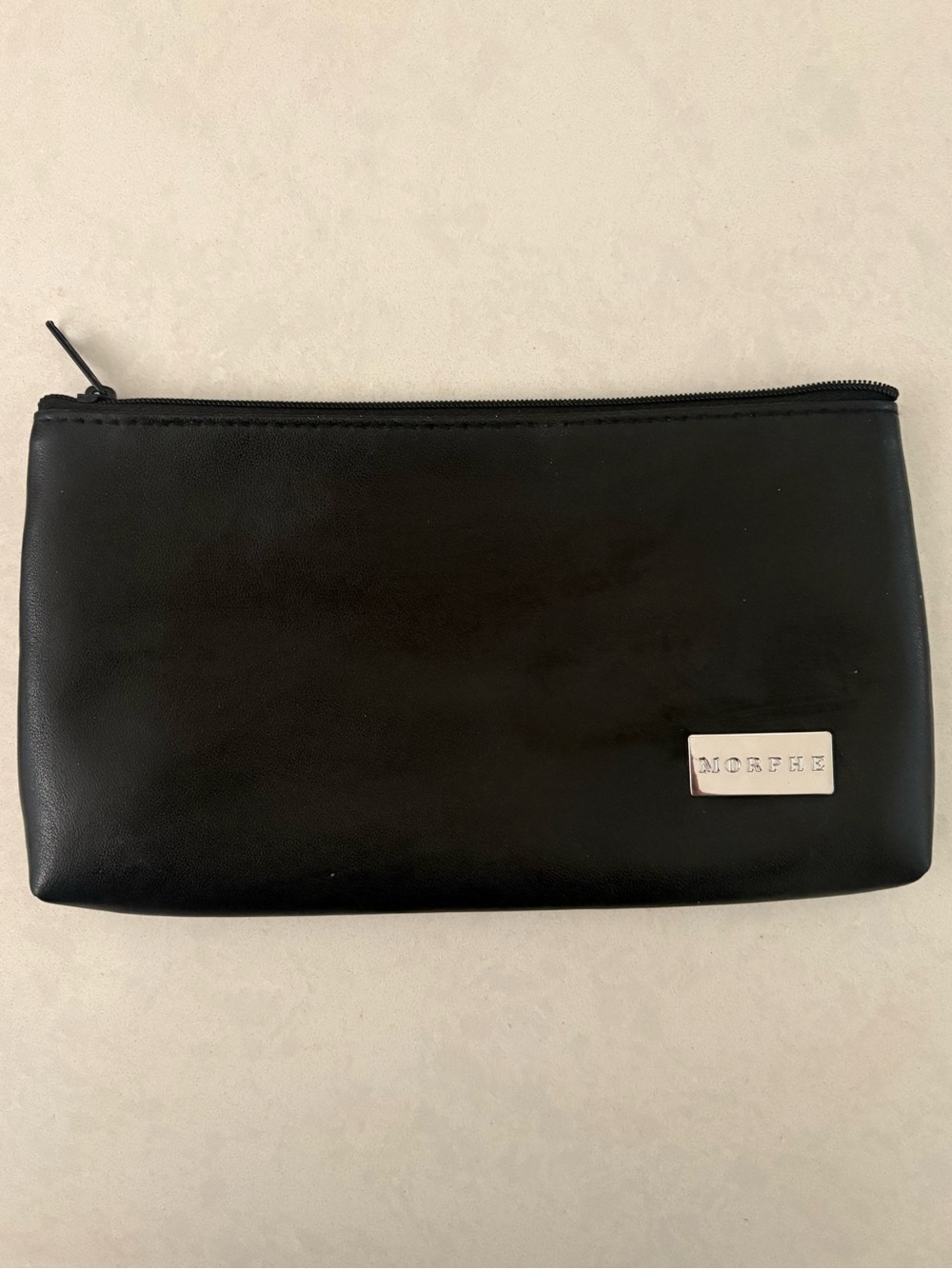 Morphe Black Leather-Look Toiletry Pouch with Silver Logo Plate